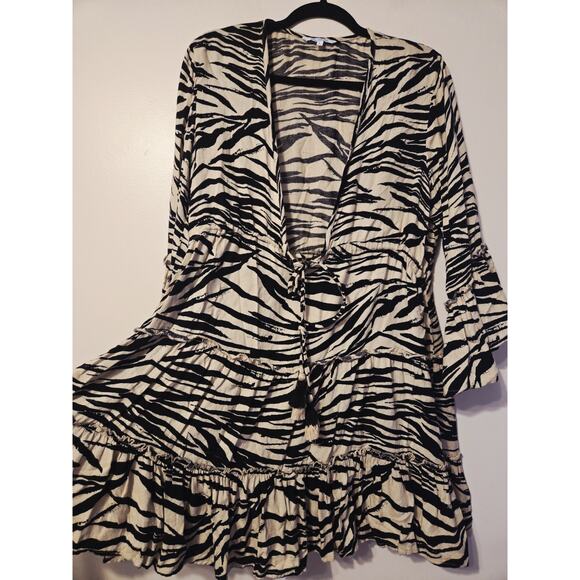 Blue Island Sz L Beige Black Zebra Print Striped Swimsuit Cover-up Beach Vacatio - Picture 1 of 9